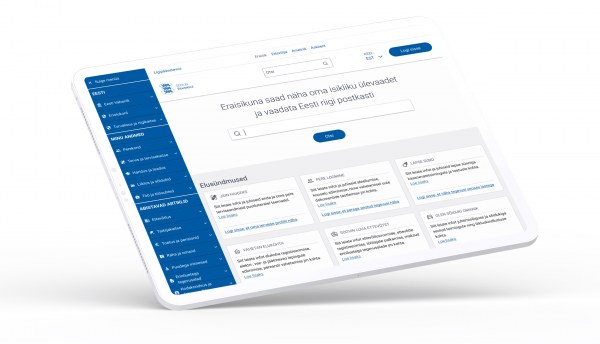 Pildil on kujutatud riigiportaali eesti.ee väljanägemist tahvelarvutis. Portaali vasakus servas on sinist värvi menüüd, kust saab kasutaja teha erinevaid valikuid. Põhivaatest on näha teksti "Eraisikuna saad näha oma isikliku ülevaadet ja vaadata Eesti riigi postkasti". Selle all on otsingulahter ning sinisel taustal valge kirjaga nupp "Otsi". Tegu on visuaalse visandiga, milline võiks riigiportaal tulevikus välja näha.